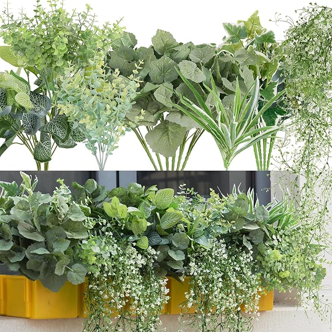 19Pcs Outdoor Artificial Boxwood UV Resistant Fake Stems Plants, Faux Plastic Greenery for Indoor Outside Hanging Plants Garden Porch Window Box Home Wedding Farmhouse Décor Clycaloor