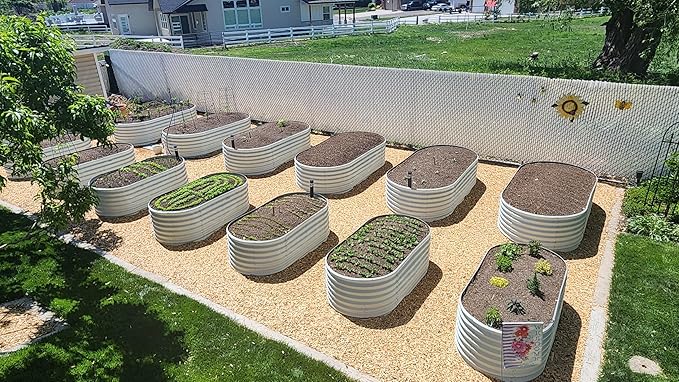 A ANLEOLIFE Set of 6 24 Inch Tall Antique White Raised Garden Beds Kit, Oval & Round Metal Planters – Ideal for Backyard Vegetables Flowers Herbs AAnleolife