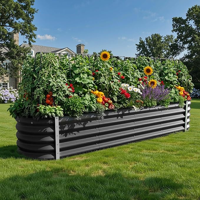 YITAHOME 17" Tall 9 in 1 Large Raised Garden Bed Kit, 8x2x1.4ft Galvanized Metal Planter Box with Gloves & Safety, Outdoor Above Ground Planters for Plants Vegetables Flowers, Black YITAHOME