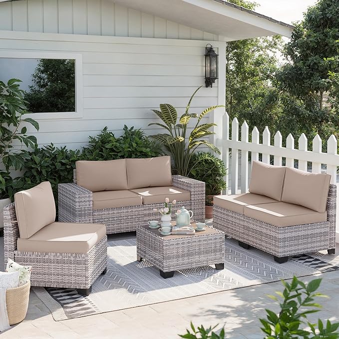 6-Piece Outdoor Patio Furniture Set Wicker Sectional Sofa Set, Patio Conversation Set with Thickened Cushions & Coffee Table for Garden, Backyard, Poolside, Beige MuphyersPatioFurniture