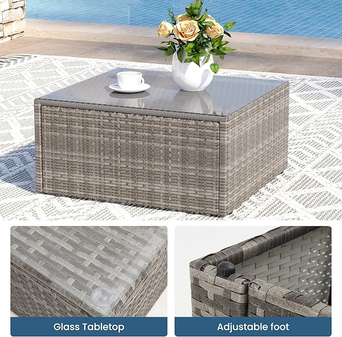8 Pieces Outdoor Patio Furniture Set with 43" Fire Pit Table, Wicker Outdoor Patio Sectional Sofas with Coffee Table and Cushions, All-Weather Patio Conversation Set for Garden Backyard, Light Blue MayinColor