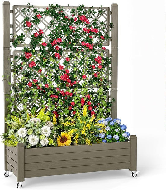 Raised Garden Bed with Trellis, 21 Gallon Self Watering Planter Box with Lockable Wheels & Drainage Holes for Climbing Plants Vegetables Flowers, Anti-Rust Resin for Backyard Patio (Grey) OutdoorLivingPerfected