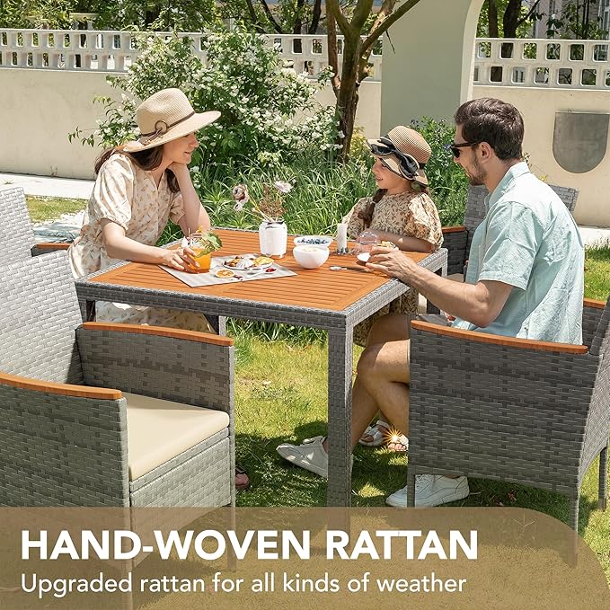 Devoko 5 PCS Furniture, Patio Conversation Set with Acacia Wood Top, Rattan Outdoor Dining Table and Chairs for Backyard, Garden, Deck, Grey DEVOKO