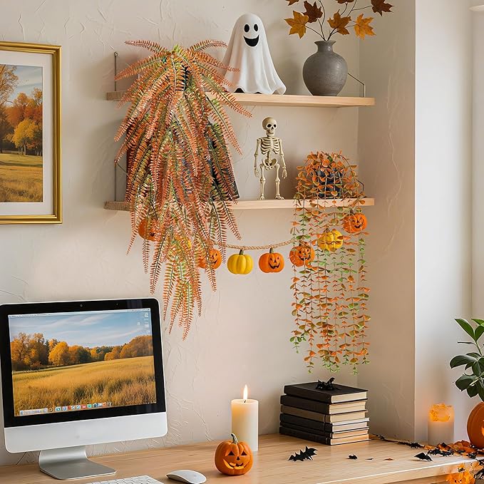 Der Rose 4Pcs Fake Fall Plants Hanging Orange Artificial Eucalyptus Plants, Boston Fern, Fake Potho, String of Pearls for Halloween Bathroom Table Centerpiece Wall Mantle Decor Indoor and Outdoor DerRose