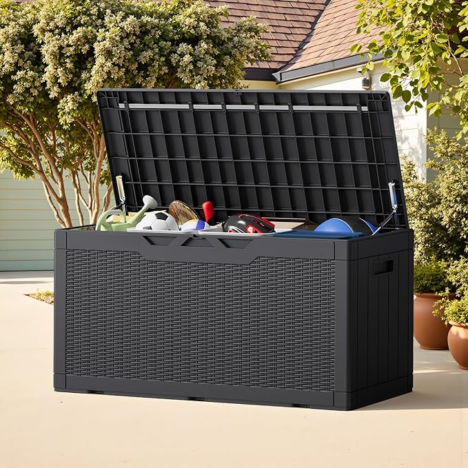 Greesum Outdoor Storage Box 100 Gallon Storage Bin with Lid for Patio Furniture, Garden Tools, Pool Supplies, Lockable, Waterproof and UV Resistant, Black BuynowfromGreesum