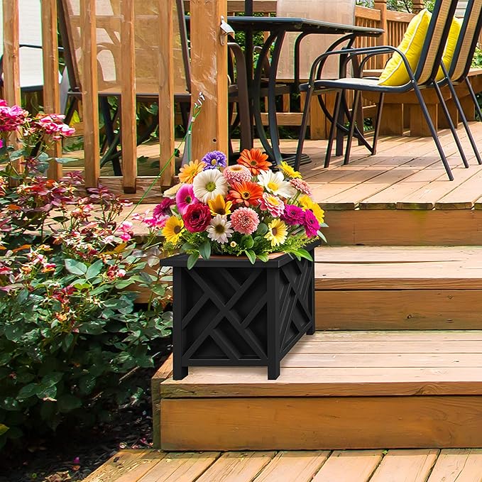 Lattice Design Outdoor Planter Box - 14.75” Square 13” Tall Black Plant Pot - Decorative Plant Pots for Front Porch Decor - Flower Pots Outdoor Planters for Porch Patio or Garden Decor by Pure Garden PureGarden