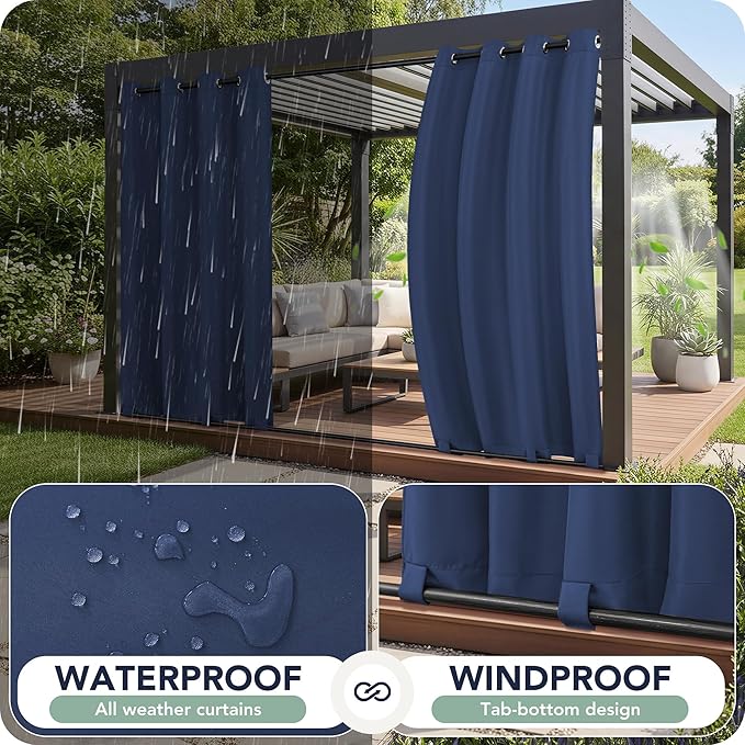 Outdoor Curtains for Patio Waterproof 6 Panels - Windproof, Privacy, Weatherproof Outside Drapes for Gazebo Pergola Porch, Grommet Top and Tab Bottom, 54x95 Inch, Navy RichSets