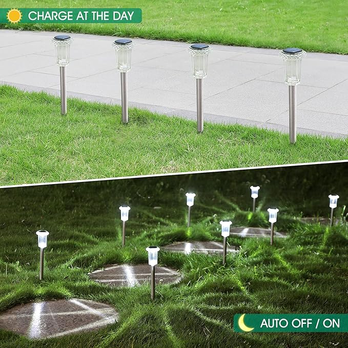 Solar Outdoor Lights, 10 Pack Waterproof Stainless Steel Solar Stake Lights for Pathway Garden Yard Path Walkway Driveway Lawn Patio Outside Decor, Cool White EYROSA