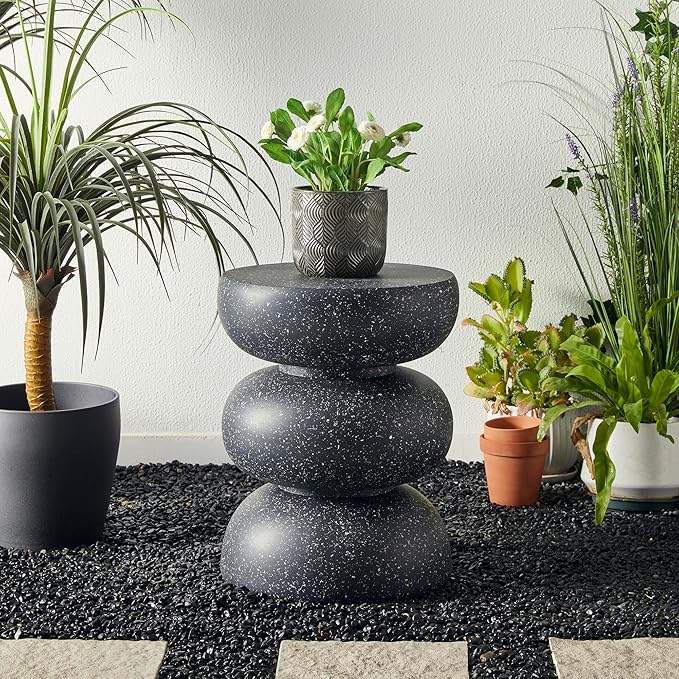 Glitzhome Outdoor Side Table, 18" H Decorative Garden Stool MGO Faux Terrazzo End Table, Heavy Duty Indoor Outdoor Round Planter Stand for Living Room Bedroom Patio Deck Poolside,Black Glitzhome