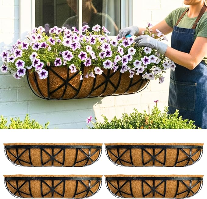 LaLaGreen 30 Inch, 4 Pack Window Boxes Planters – Black Metal Window Boxes for Outdoor Plant, Wall Mount Flower Pot with Coco Coir Liner, Attach to House Fence Balcony Herb for Patio Porch Garden L%C3%A1L%C3%A1Green
