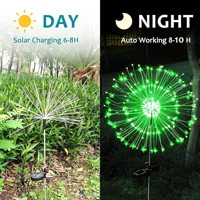 JJGoo Solar Firework Lights, 2 Pack 150 LEDs 2 Lighting Modes Solar Lights Outdoor Waterproof for Garden Patio Walkway Pathway Party Wedding Christmas Decorative - Green JJGoo