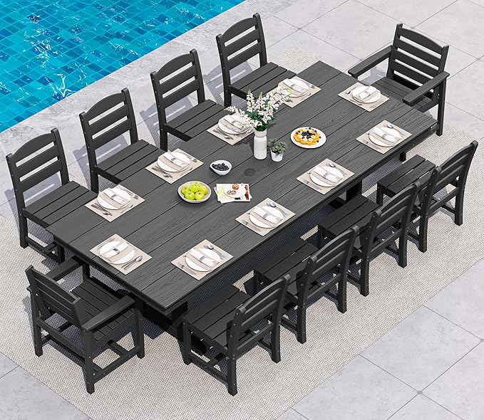 SERWALL 11 Piece Outdoor Dining Set, 84" HDPE Outdoor Table and Chairs for 10，All Weather Patio Furniture Set with Umbrella Hole for Backyard, Garden, Black SERWALL