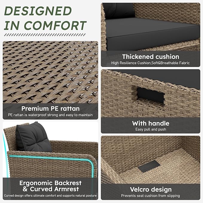LHBcraft Balcony Furniture 5 Piece Patio Conversation Set, PE Wicker Rattan Outdoor Lounge Chairs with Soft Cushions 2 Ottoman-Glass Table for Porch LHBcraft-US