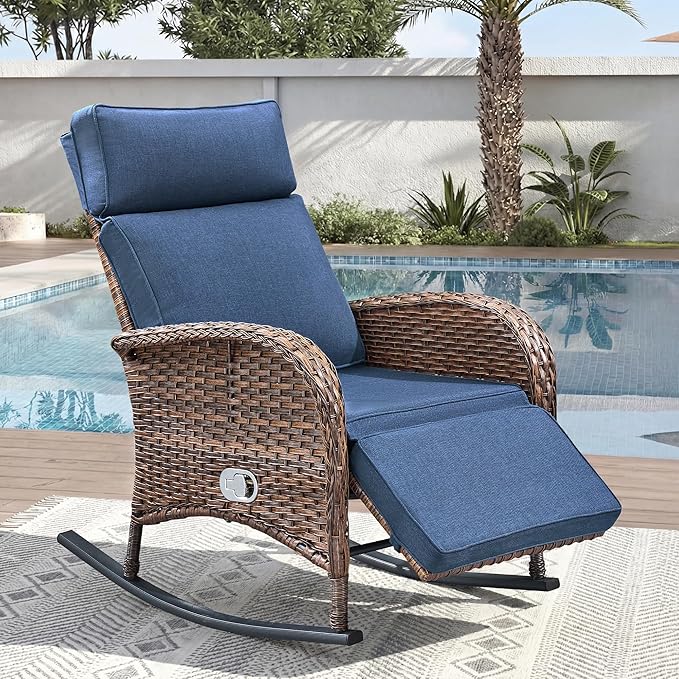 Zero Gravity Patio Rocking Wicker Recliner Chair - Wicker Outdoor Lounge Chair with Adjustable Backrest & Footrest, All Weather Reclining Rocker Chairs with Thick Cushion for Pool Deck Blue JelwalyPatioFurnitureSet
