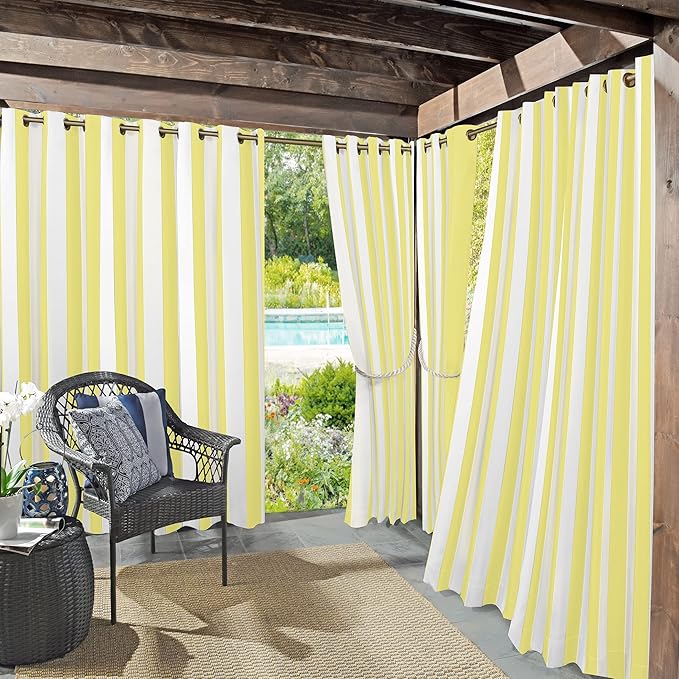 Sun Zero Valencia 2-Pack Cabana Stripe Indoor/Outdoor UV Protectant Energy Efficient Grommet Curtain Panel Pair, Yellow, 54" x 84" SunZero%E2%84%A2