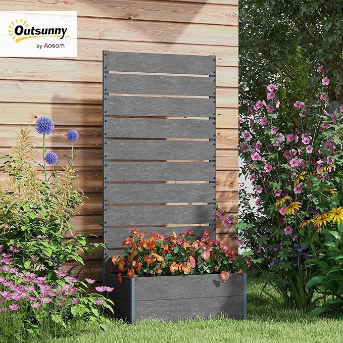 Outsunny Raised Garden Bed with Trellis for Climbing Plants, Planter Box with Self Draining Gap, Freestanding Trellis Planter for Outdoor, Patio, Deck, 28.25" x 15" x 59", Gray Outsunny