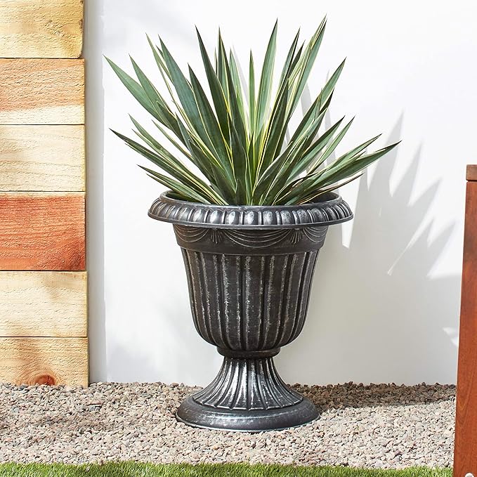 Arcadia Garden Products PL10SL Classic Traditional Plastic Urn Planter Indoor/Outdoor, 15" x 13", Brushed Silver Rootora