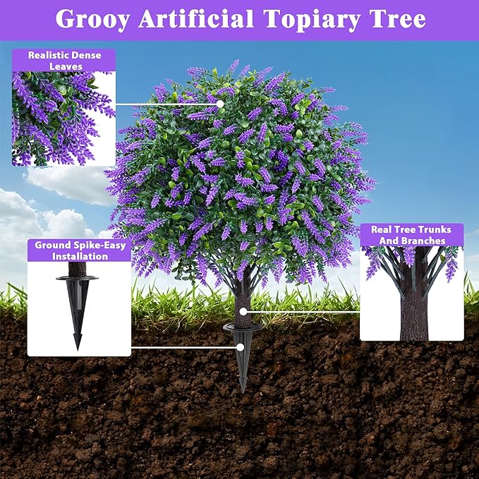 Artificial Boxwood Topiary Ball with Lavender, Set of 2 Artificial Shrub Bushes with Ground Spike, UV Resistant Fake Evergreen Plant Tree for Porch Outdoor Planters Indoor Valentine's Day FEELTHENEWWORLD