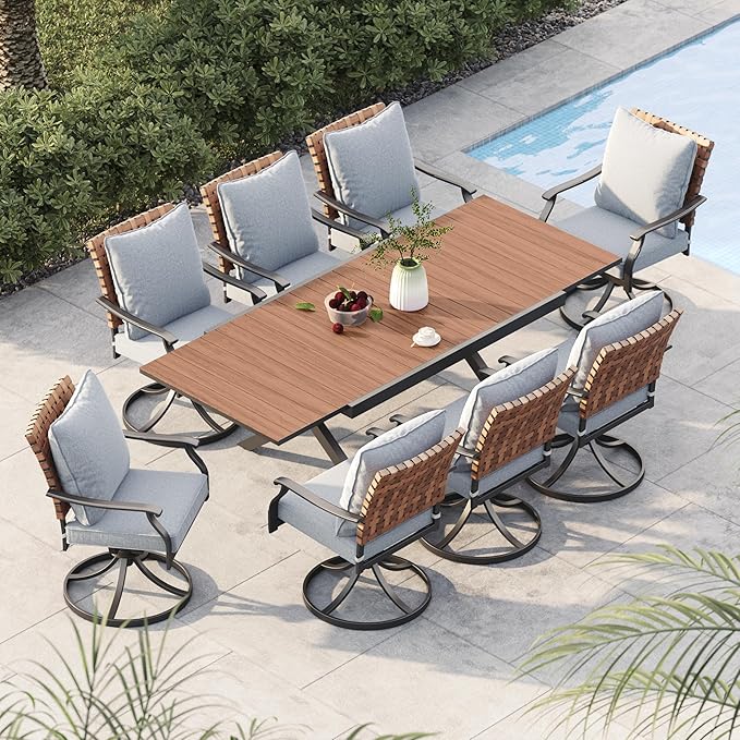 Grand patio 9-Piece Outdoor Dining Set, 8 Leather-Look Wicker Swivel Patio Chairs & 1 Extendable Rectangular Dining Table, Brown GrandPatio