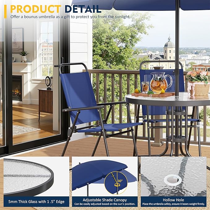 Shintenchi 6 Piece Patio Dining Set with Umbrella, Outdoor Furniture Set with 4 Folding Chairs and Tempered Glass Top Dining Table fot Lawn Backyard Garden Porch Blue Shintenchi