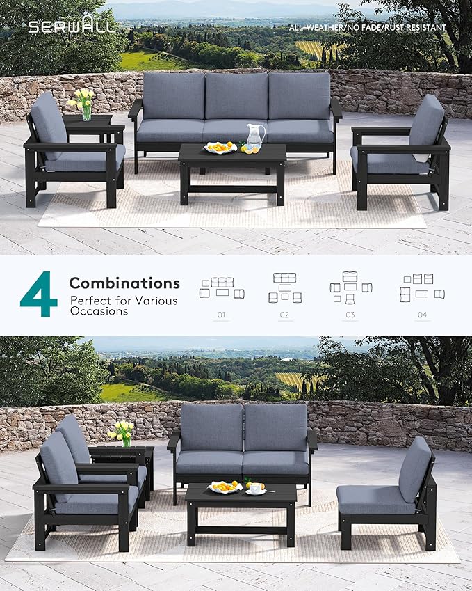 SERWALL HDPE Patio Furniture Set, 7-piece Outdoor Sectional Sofa Set, All Weather Outdoor Couch Set for Deck, Lawn, Black Frame with Grey Cushion SERWALL