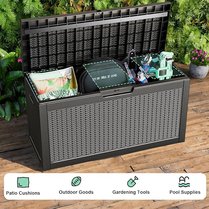 ROJIK Outdoor Storage Housing Deck Box,Waterproof Patio Furniture, Garden Tools, Cushions, Pool Accessories Storage Bench with Lockable Lid and Side Handles (Black,60 Gallon) ROJIK