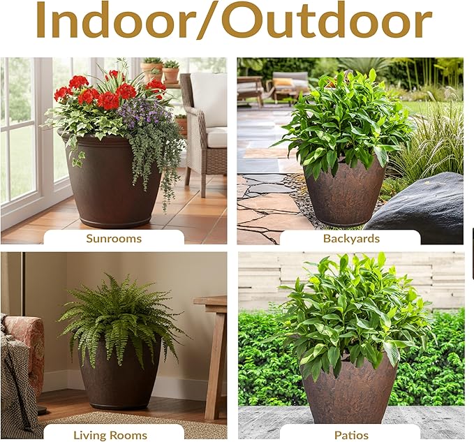 Sunnydaze 24-Inch Anjelica Large Plastic Pot for Plants - Outdoor Double-Walled Large Plastic Planter with Drillable Drainage Holes - Rust - 2pk SunnydazeDecor