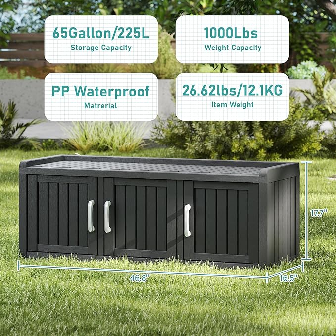 2-Tier Storage Bench, Waterproof UV-Resistant Outdoor Shoe Storage Cabinet with 3 Doors & Adjustable Shelves for Indoor Outdoor Entryway, Hallway, Living Room (Black) NBYSGO