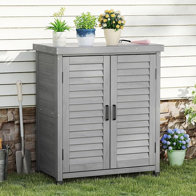 Outdoor Storage Cabinet & Potting Bench Table with Metal Top, Wooden Patio Furniture, Garden Workstation (Accent Grey, 36x31x17in) OutdoorFurniture