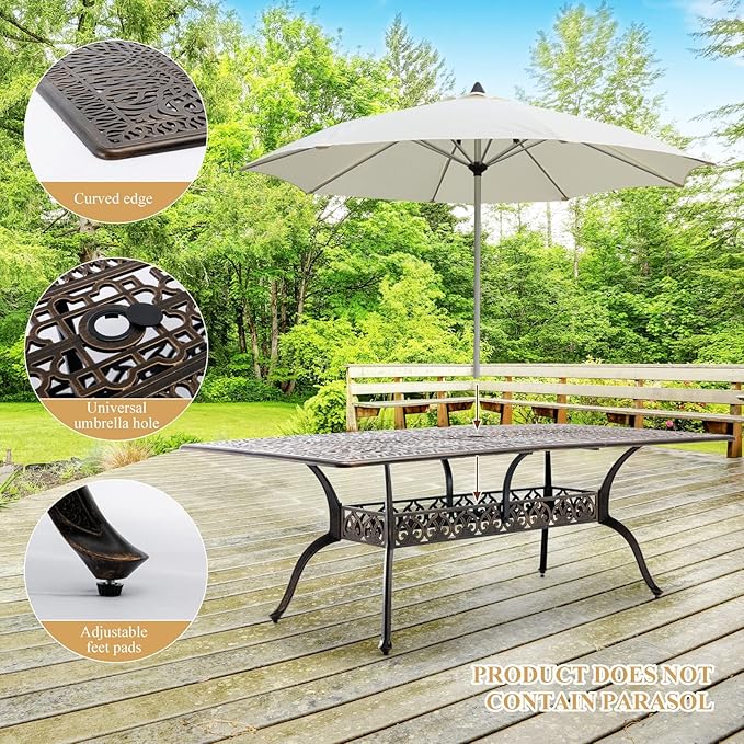 Outdoor Patio Dining Table - All-Weather Cast Aluminum 87" x 28.5“ Patio Rectangular Table with 2" Umbrella Hole for Balcony Lawn Garden Backyard Attliahome