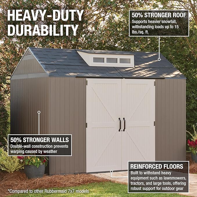 Rubbermaid Extra Large Resin Outdoor Storage Shed With Floor (7 x 10.5 Ft.) Weather Resistant Brown Organization for Home/Lawn Mower/Backyard Equipment/Bike Storage/Pool Supplies Rubbermaid