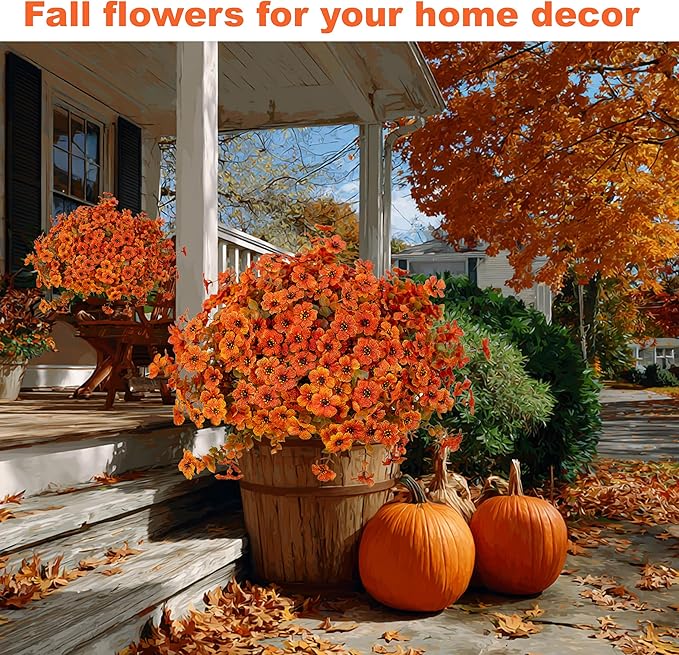 Artificial Fall Flowers Outdoor Fake Mums - 16 Bundles Fake Plants UV Resistant No Fade Faux Plastic Greenery Garden Porch Patio Fall Home Decor (Orangegreen) AXYLEX