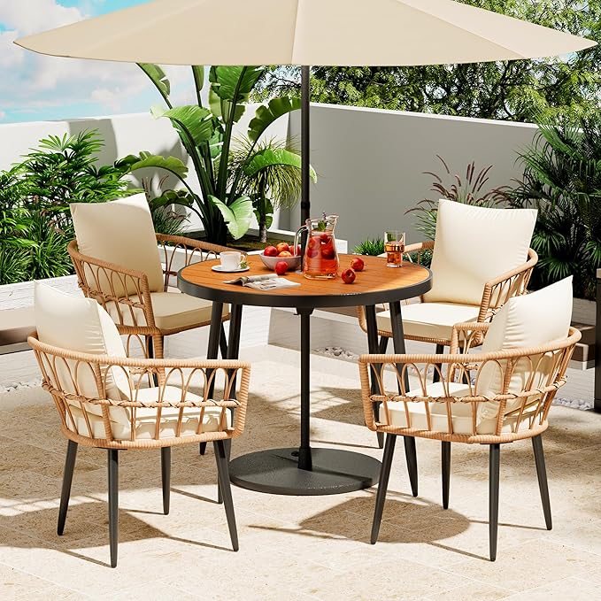 Pamapic 5-Pieces Patio Dining Set with Wood Table Top, All-Weather PE Rattan Patio Furniture Set, Outdoor Dining Furniture with Removable Cushion Chairs & Round Table for Garden Lawn Patio,Cream Pamapic