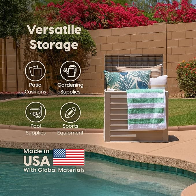 IRIS USA 35-Gallon Outdoor Deck Delivery Storage Box, Lockable & UV-Protected, Weather-Resistant Patio Storage for Cushions, Garden Tools & Packages, Waterproof Resin, Durable & Stylish Design - Beige IRISUSA