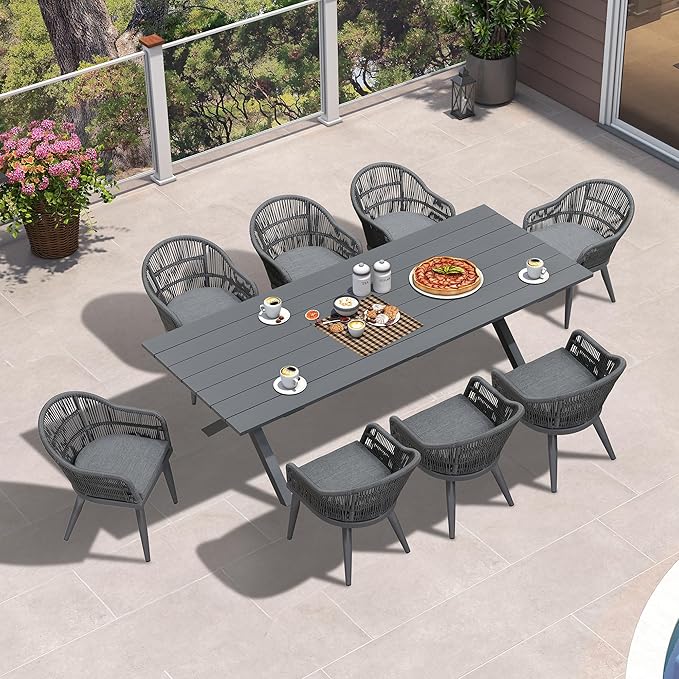 PURPLE LEAF 9 Piece Longer Patio Dining Set with Outdoor Aluminium Dining Table and Woven Chairs Modern Metal Furniture Cushions Sets for Garden Yard Indoor Decor Kitchen Gray PURPLELEAF