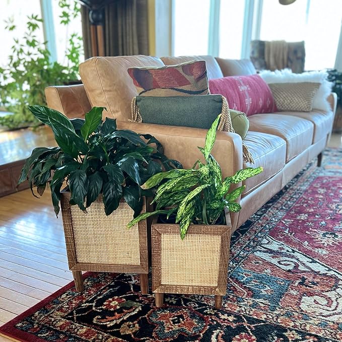 Autumn Alley Rustic Boho Large Indoor Planter - Rattan Planter Boxes Outdoor Set of 2 – Wooden Indoor or Outdoor Plant Box Stands – Decorative Square Woven Rattan Flower Pots for Home & Office AutumnAlley