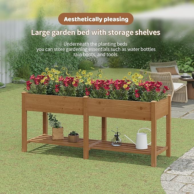 FILWH Raised Garden Bed with Legs Elevated Wooden Planter Box Stand Large Planter Stand Box for Fruits Vegetables Flowers with Divider with Bag- 72 * 24 * 30.5IN（Brown） FILWH
