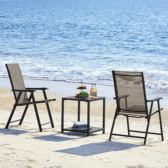 Yaheetech Outdoor Patio Chairs Set of 4, Portable Dining Chairs with Armrests for Camping, Lawn Yard Beach, Folding Outdoor Chairs 4-Pack with Metal Frame, Brown Yaheetech