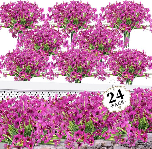 24 Red Lotus Bundles Artificial Flowers for Outdoors/Indoors Fake Flowers Plants for Indoor Outside Garden Porch Window Box Home Wedding Farmhouse ColoPlay