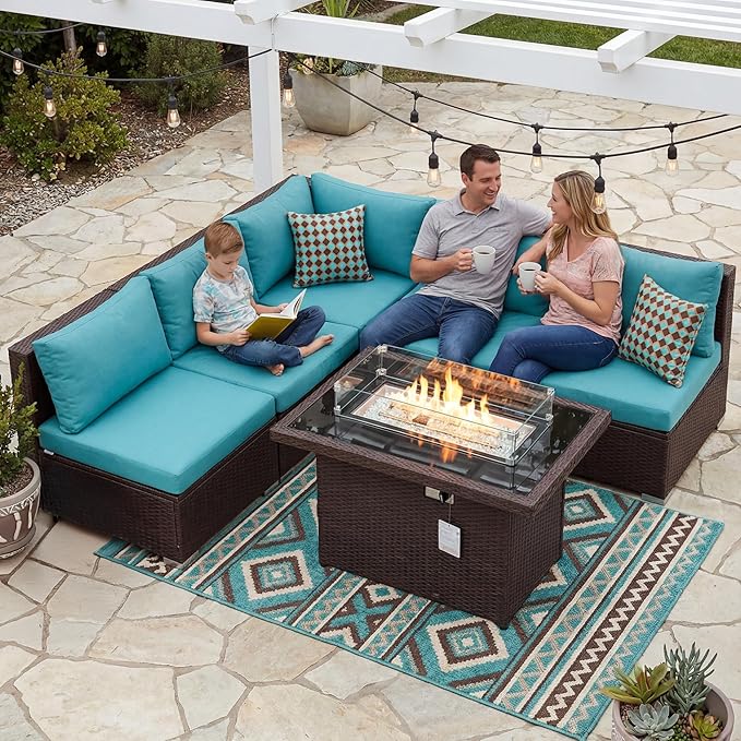 NICESOUL 6 Piece L-Shaped Patio Furniture Set with Fire Pit Table Natural Gas/Propane, 29.3'' High-Back Deep Wide Seat Outdoor Conversations, XL Big Fireplace Couches, Brown Rattan and Teal Cushion NICESOUL