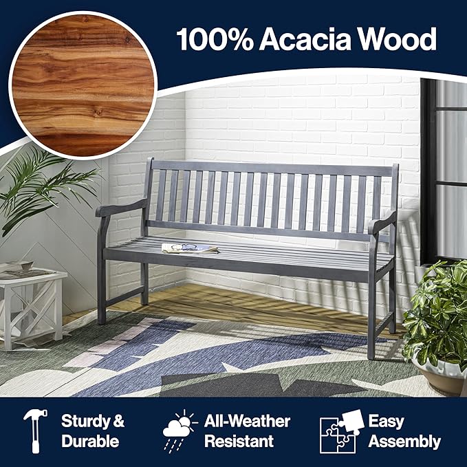 JONATHAN Y BNH101B Laurel 59.1" 3-Seat Slat-Back 600-Lbs Support Acacia Wood Outdoor Garden Patio Bench for Garden, Lawn, Backyard, Pool, Deck, Beach, Firepit, Gray JONATHANY