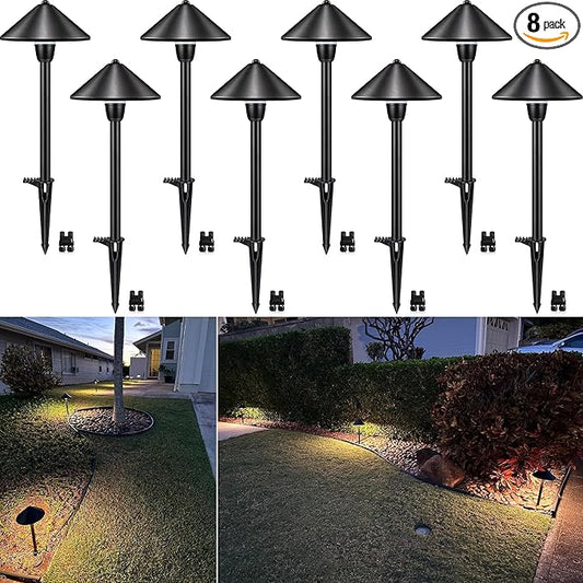 SUNVIE 8-Pack Low Voltage Landscape Pathway Lights 12-24V 3W LED Landscape Lighting 3000K Outdoor Pathway Lighting IP65 Waterproof Aluminum Wired Path Lights for Yard Garden Walkway, ETL Listed Cord SUNVIE