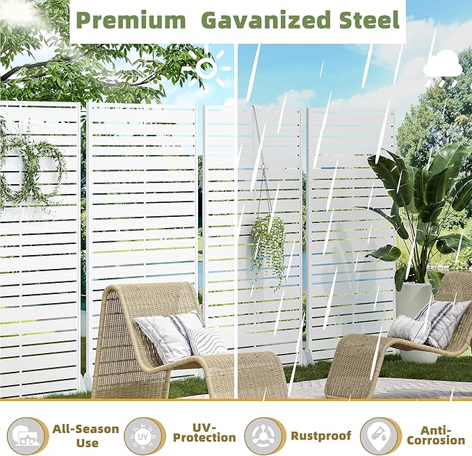 Casaphoria Metal Privacy Screen Outdoor, 72" H x 35" W Freestanding Decorative Privacy Screen for Patio Deck Balcony Garden with Stable Base, White-Louvered Casaphoria