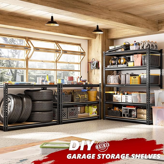 REIBII 2400LBS Storage Shelves 5 Tier Garage Shelving Heavy Duty Adjustable Garage Shelves, Utility Rack Shelf, Shelving Units for Storage Warehouse Pantry Closet, 35.5" W x 11.9" D x 72" H, 4 Pack REIBII