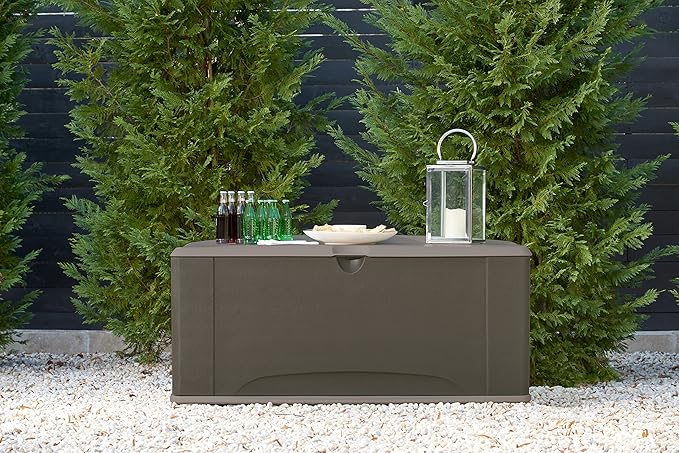Rubbermaid Extra Large Resin Outdoor Storage Deck Box with Seat (120 Gal), Weather Resistant, Brown, Deck Organization for Home/Backyard/Pool Chemicals/Toys/Garden Tools/Porch/Patio Cushions Rubbermaid