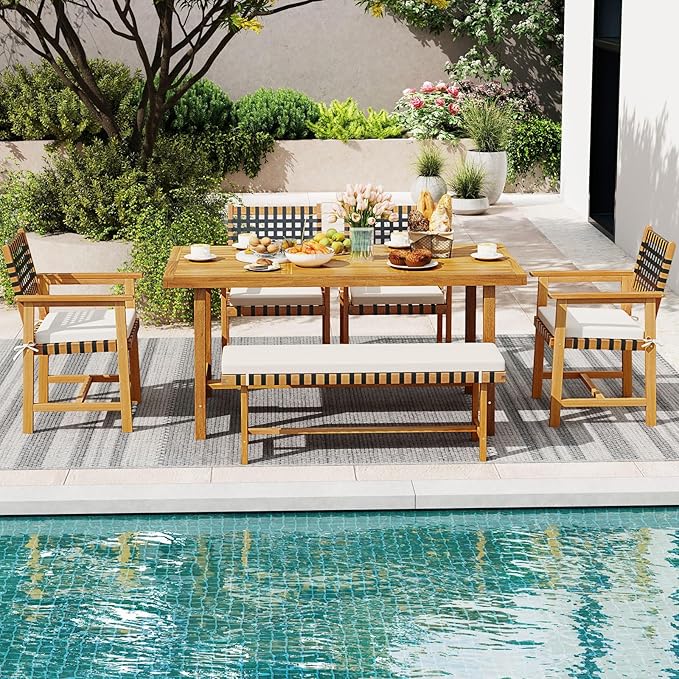 Tangkula 6 Piece Patio Dining Set for 5-6 People, 63” Outdoor Acacia Wood Table with 1.97” Umbrella Hole & Bench & 4 Cushioned Armchairs, for Deck Yard and Poolside TANGKULA
