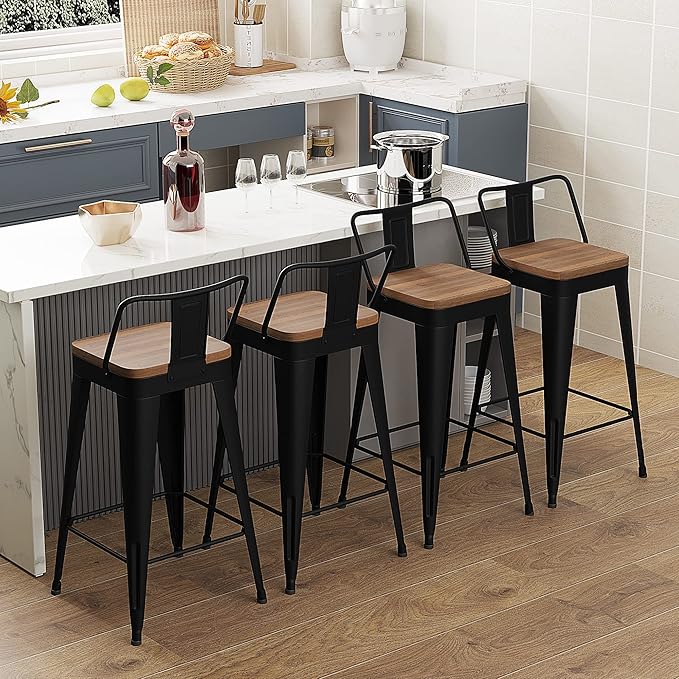 WENTMENT Metal Bar Stools Set of 4 Counter Height Barstools with Removable Back 24" Kitchen Bar Stools with Wooden Seat, Black WENTMENT