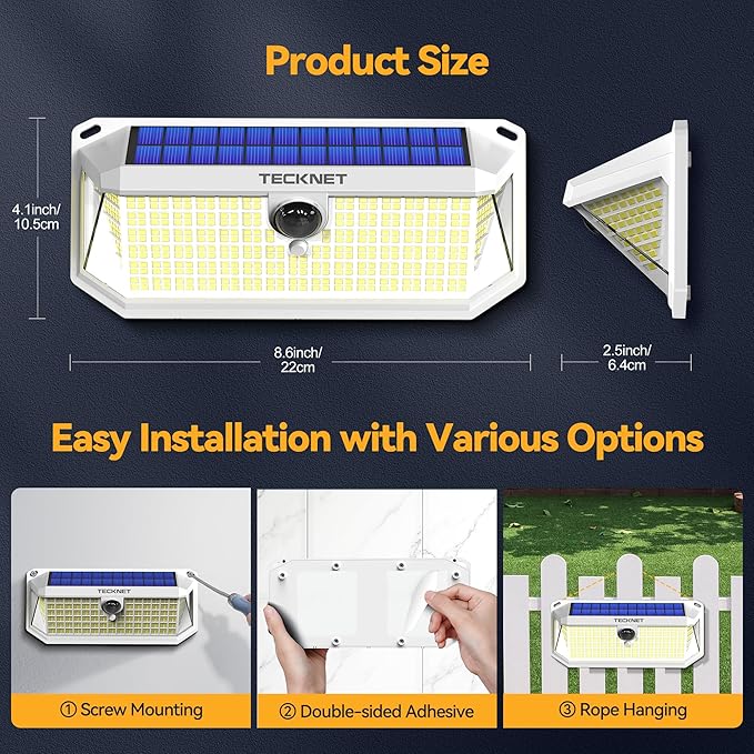 TECKNET 461 LED Solar Powered Outdoor Lights, 270° Angle & 3 Lighting Modes Motion Sensor Light Outdoor, Security Solar Lights Waterproof - 2 Pack, White, Cold Light Tecknet