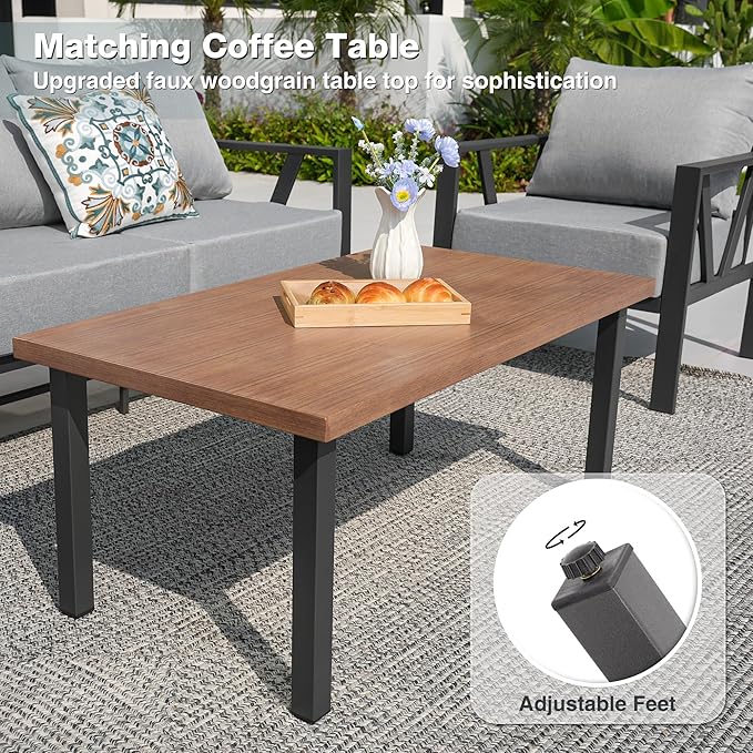 Outdoor Patio Furniture Set, 4 Pieces Metal Patio Furniture Set with Coffee Table, Modern Outdoor Patio Conversation Seating Set with 6” Thick Cushions, Light Grey COMLAXFIELD