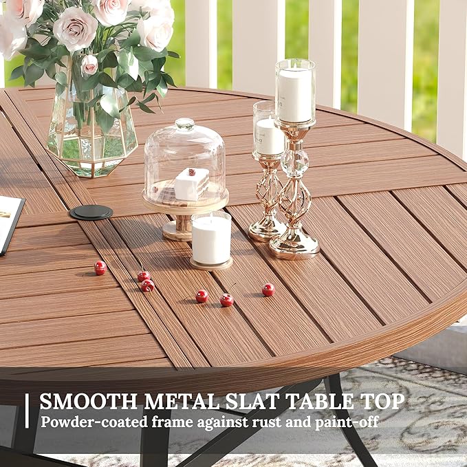 VICLLAX Round Patio Table with Adjustable Umbrella Hole for 6, All Weather Metal Outdoor Dining Table for Lawn Garden, 50" Outdoor Coffee Table, Walnut Wood-Like Tabletop HOME